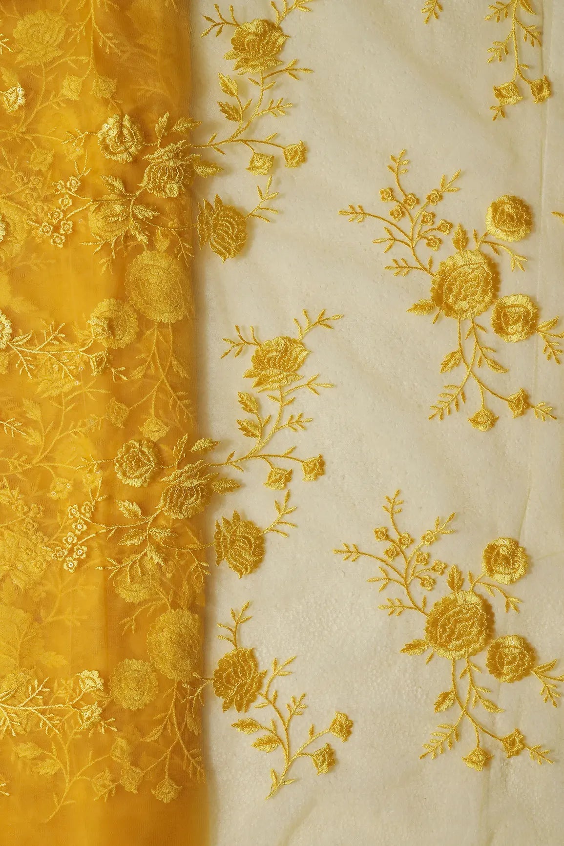 Yellow Thread With Sequins Floral Embroidery On Yellow Soft Net Fabric - doeraa