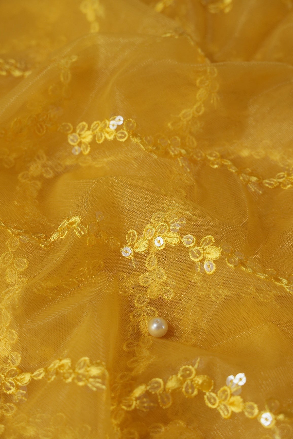 Yellow Thread With Sequins Strip Embroidery Work On Yellow Soft Net Fabric - doeraa