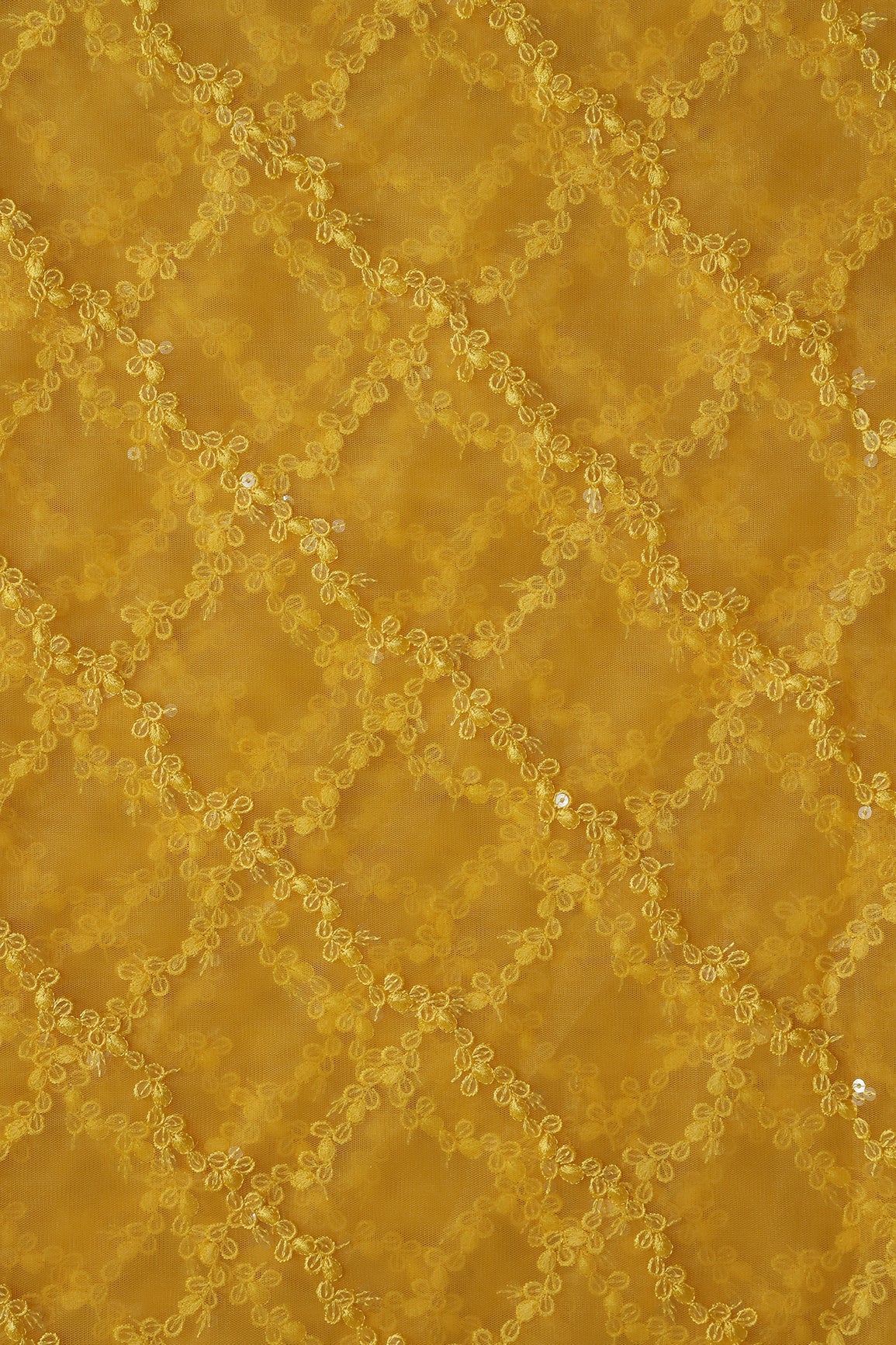 Yellow Thread With Sequins Strip Embroidery Work On Yellow Soft Net Fabric - doeraa