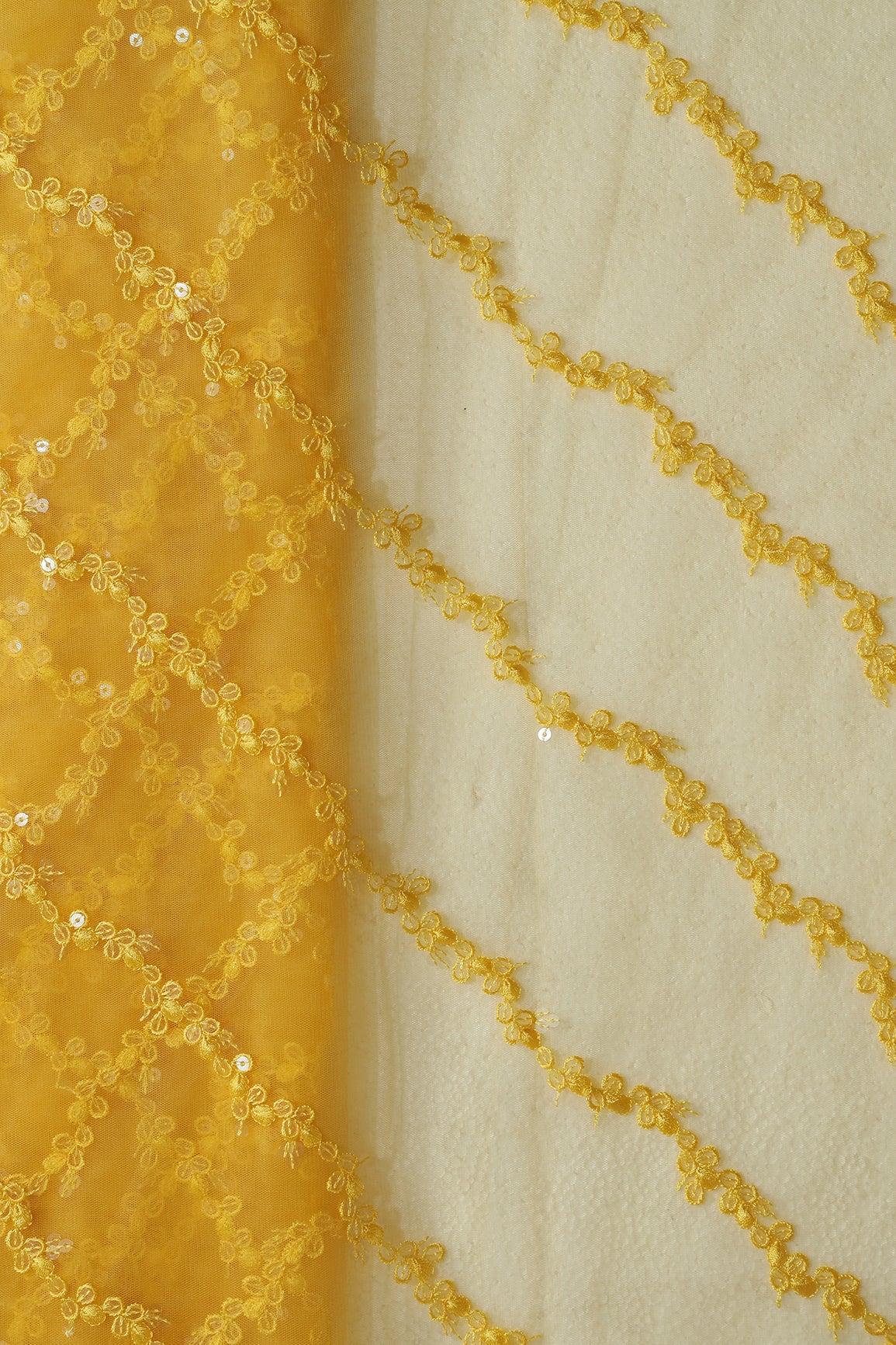 Yellow Thread With Sequins Strip Embroidery Work On Yellow Soft Net Fabric - doeraa