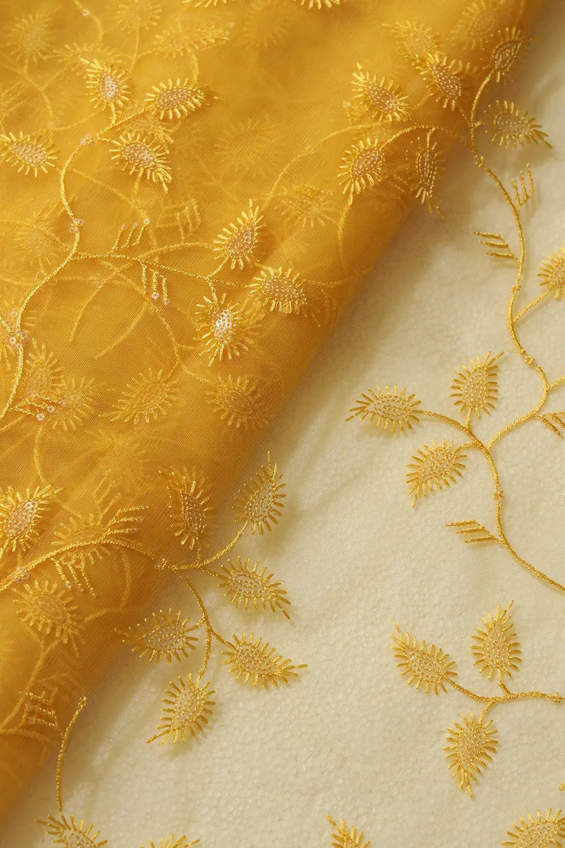 Yellow Thread With Water Sequins Leafy Embroidery On Yellow Soft Net Fabric - doeraa