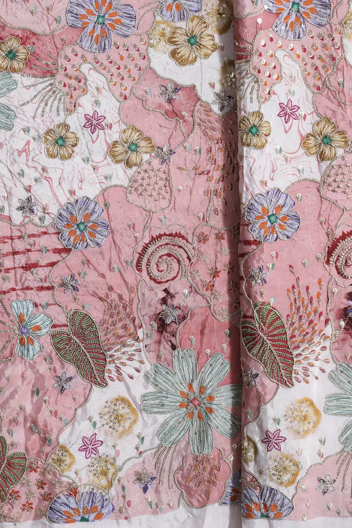 Zari with Sequins Floral Positional Print On Cream Pure Crepe Fabric - doeraa