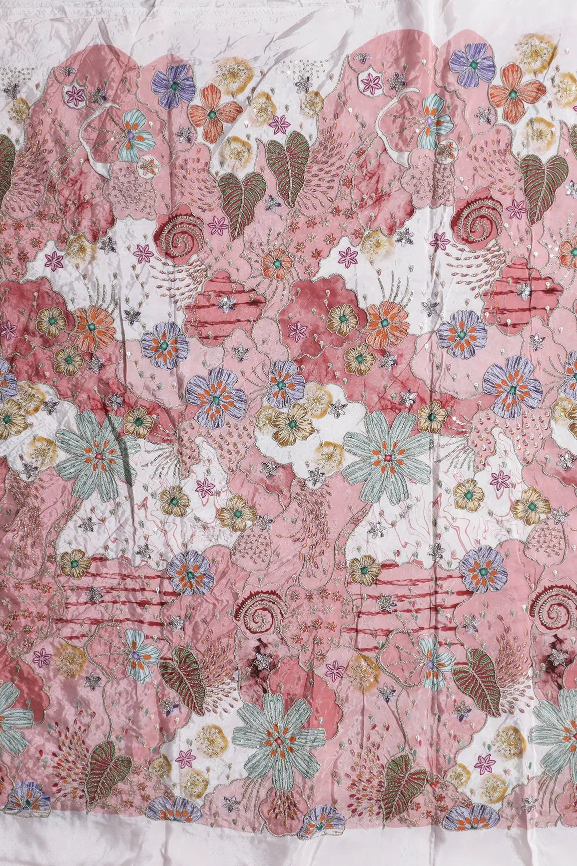 Zari with Sequins Floral Positional Print On Cream Pure Crepe Fabric - doeraa