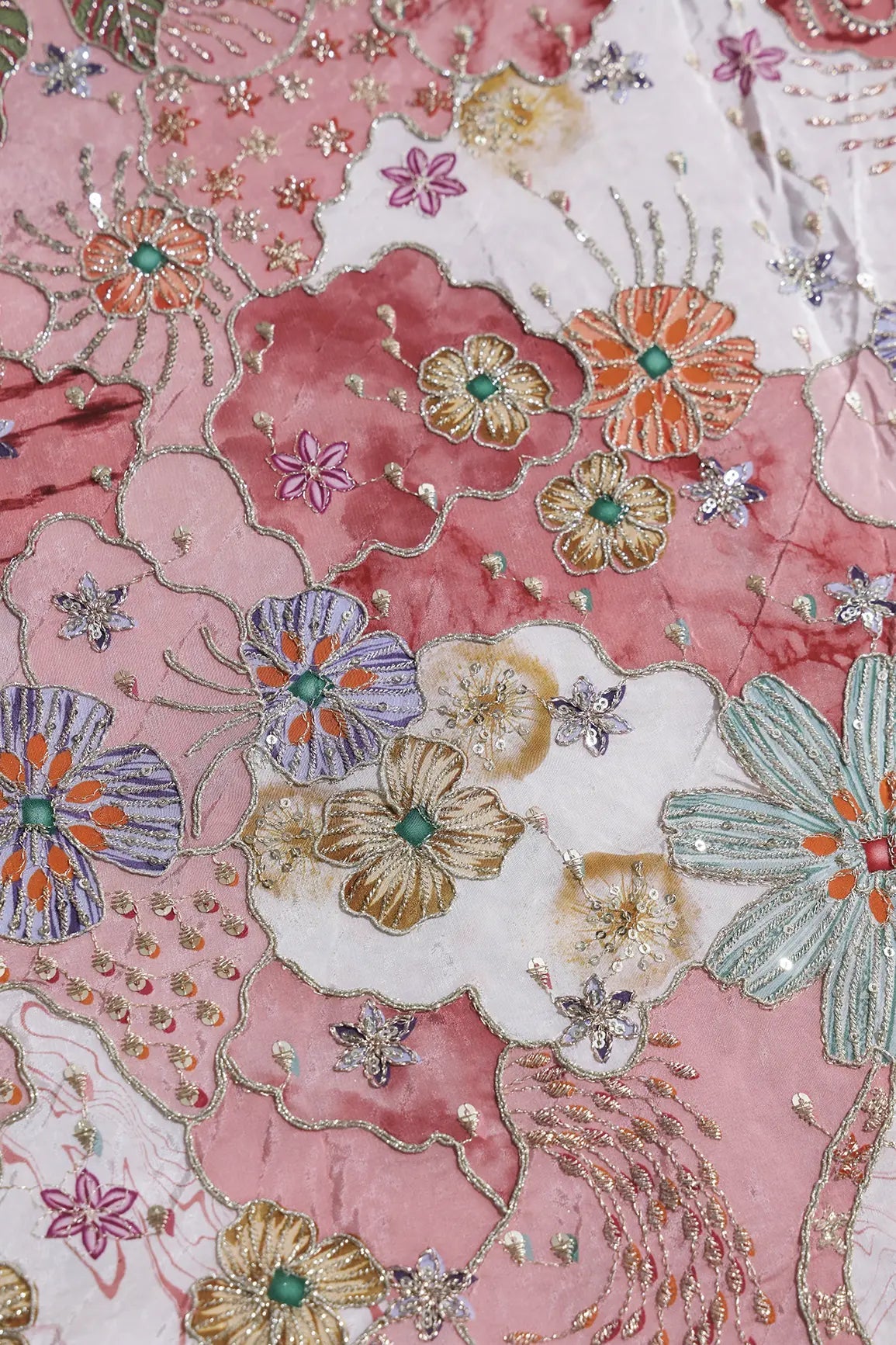 Zari with Sequins Floral Positional Print On Cream Pure Crepe Fabric - doeraa