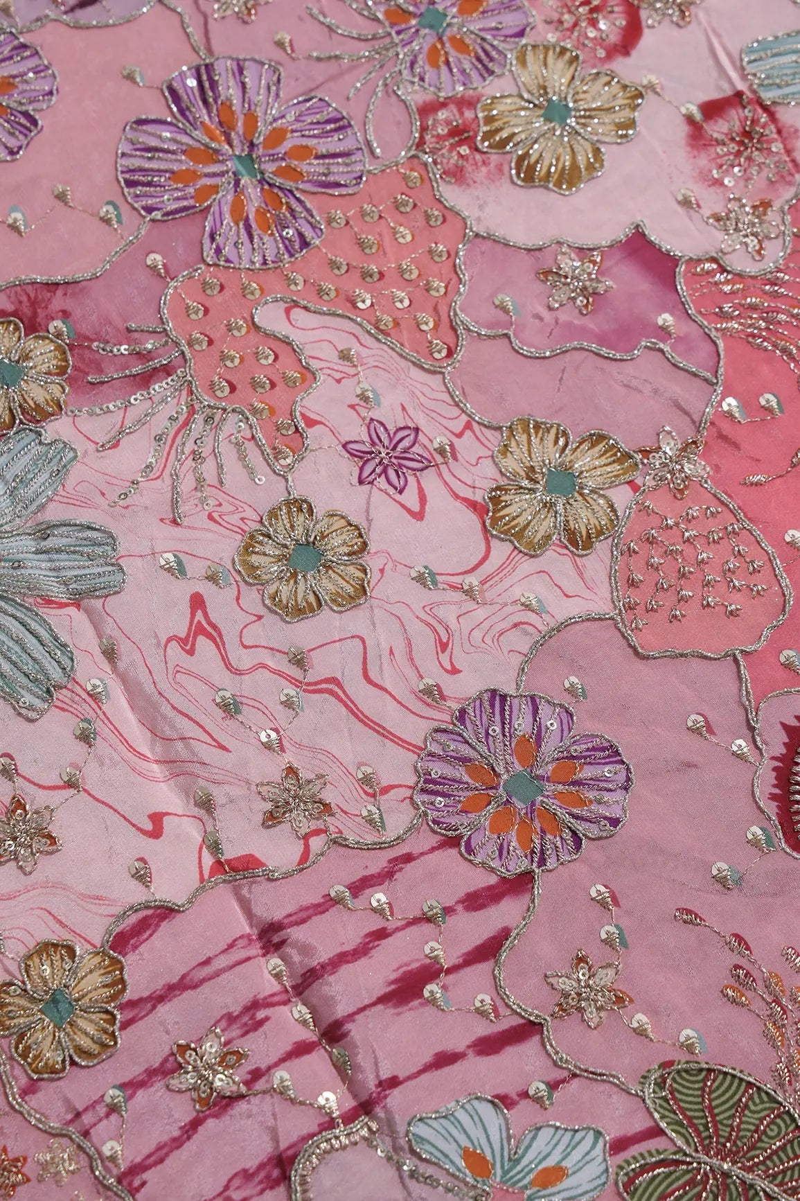 Zari with Sequins Floral Positional Print On Gajri Pure Crepe Fabric - doeraa