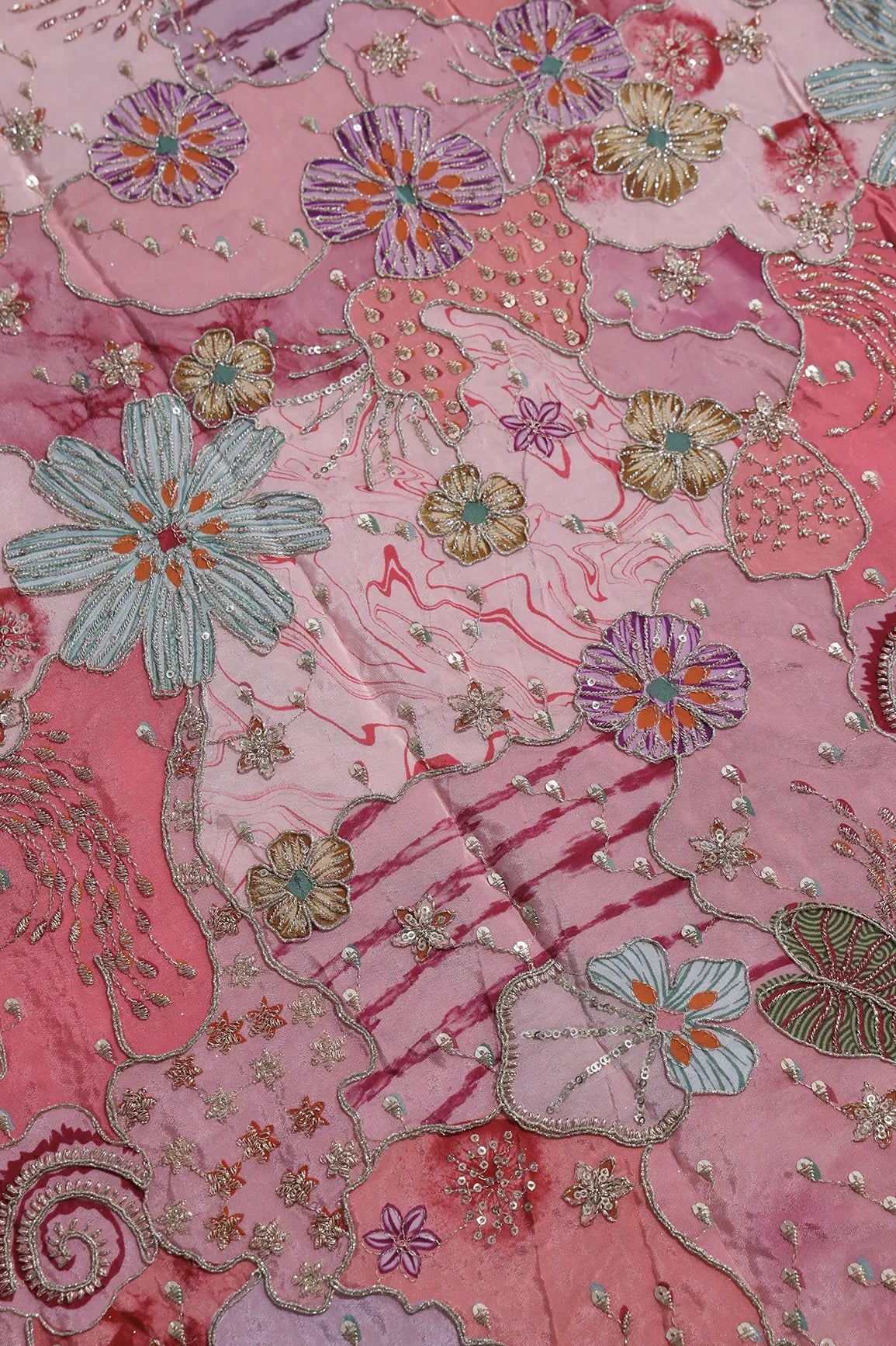 Zari with Sequins Floral Positional Print On Gajri Pure Crepe Fabric - doeraa