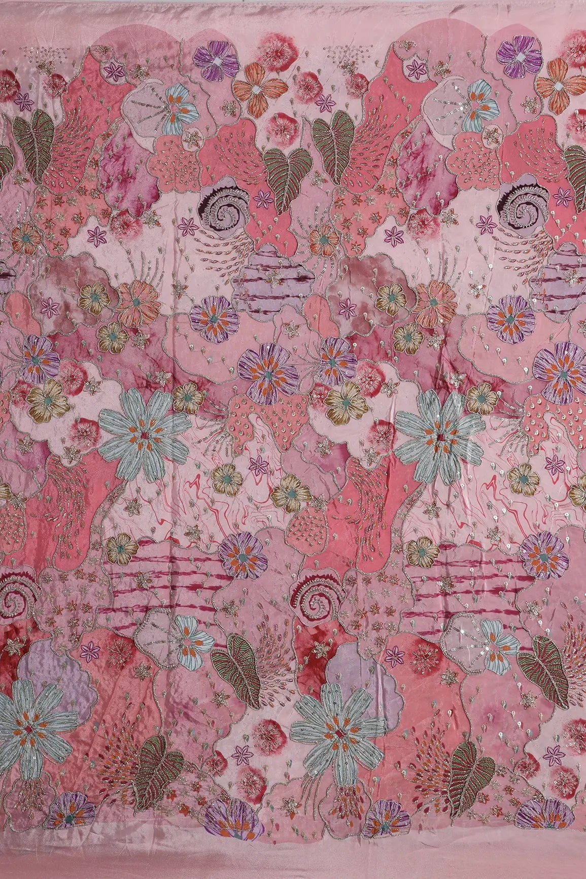 Zari with Sequins Floral Positional Print On Gajri Pure Crepe Fabric - doeraa