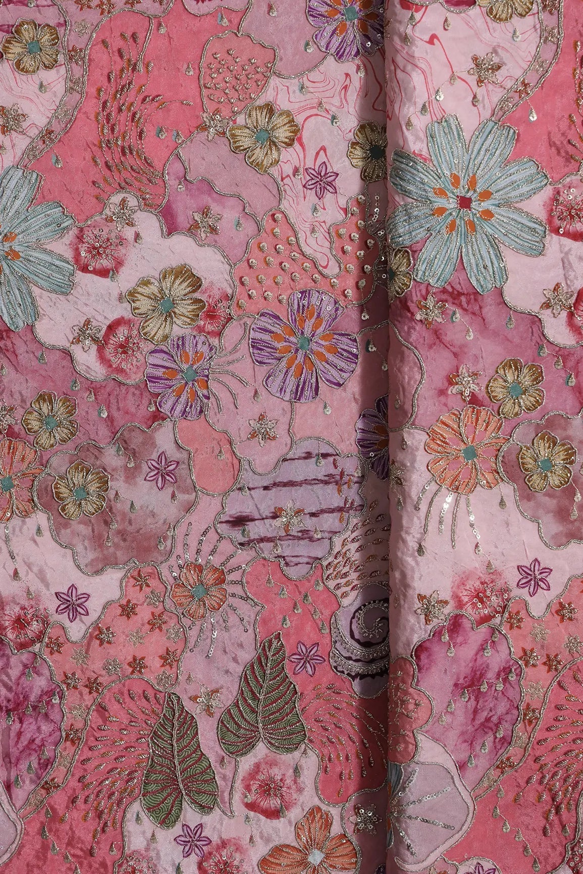 Zari with Sequins Floral Positional Print On Gajri Pure Crepe Fabric - doeraa