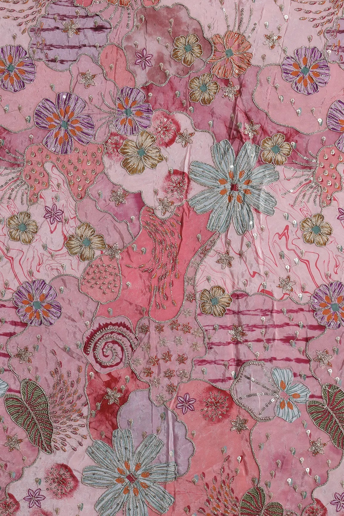 Zari with Sequins Floral Positional Print On Gajri Pure Crepe Fabric - doeraa