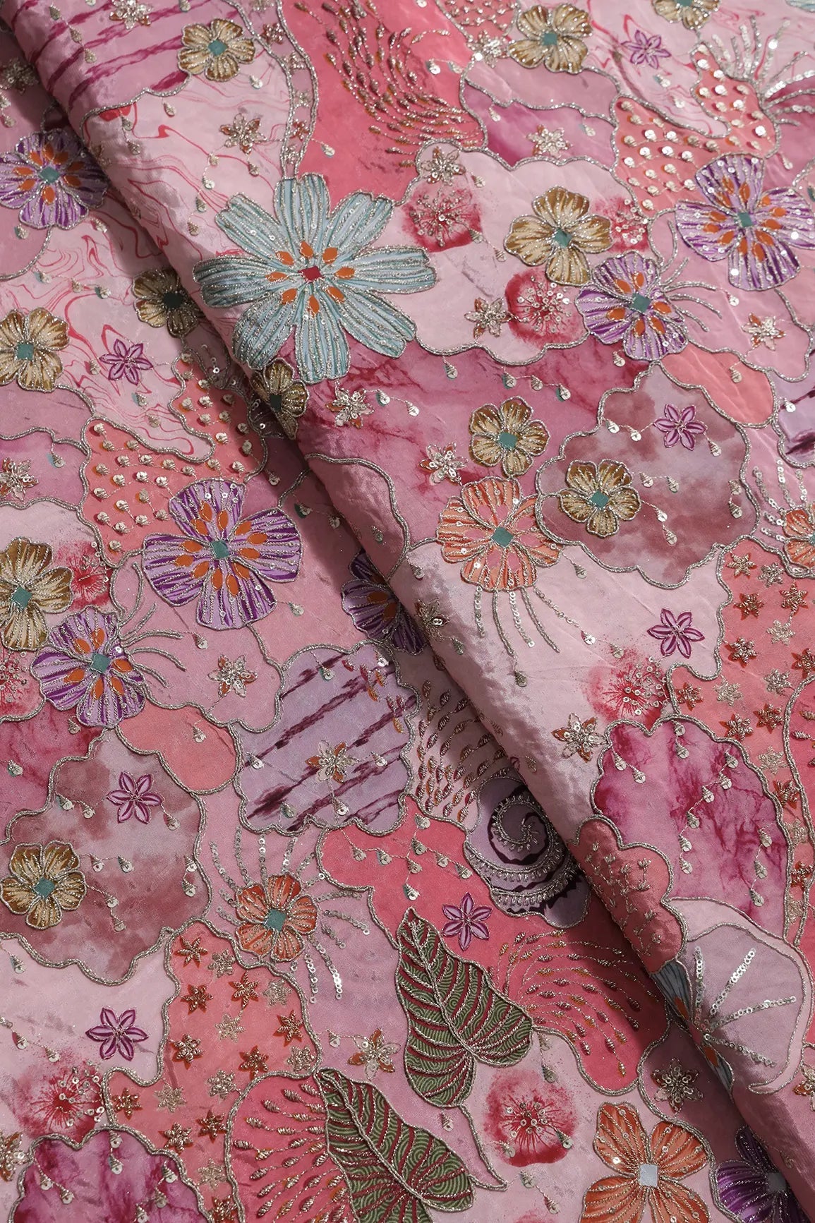 Zari with Sequins Floral Positional Print On Gajri Pure Crepe Fabric - doeraa