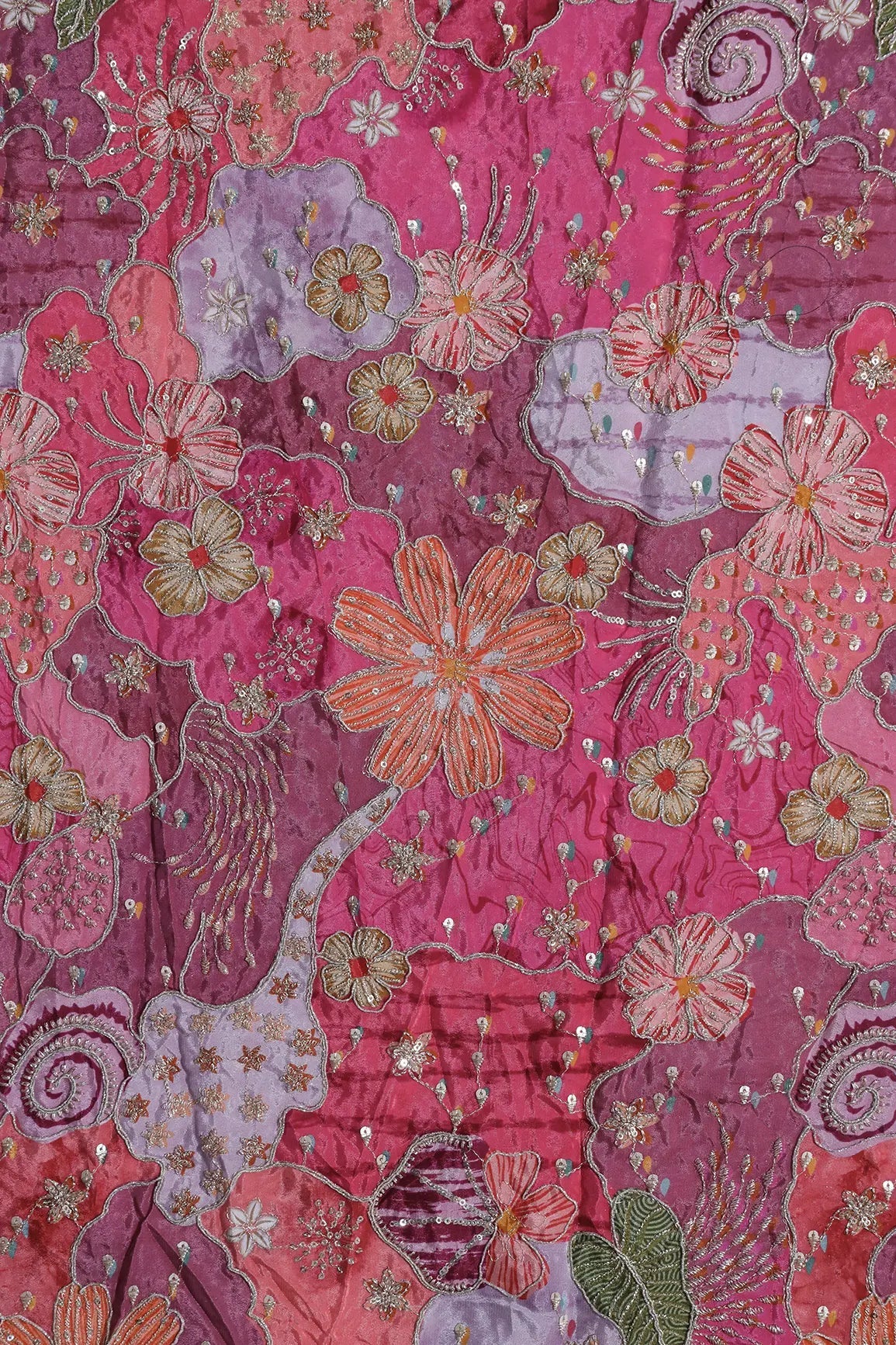 Zari with Sequins Floral Positional Print On Pink Pure Crepe Fabric - doeraa