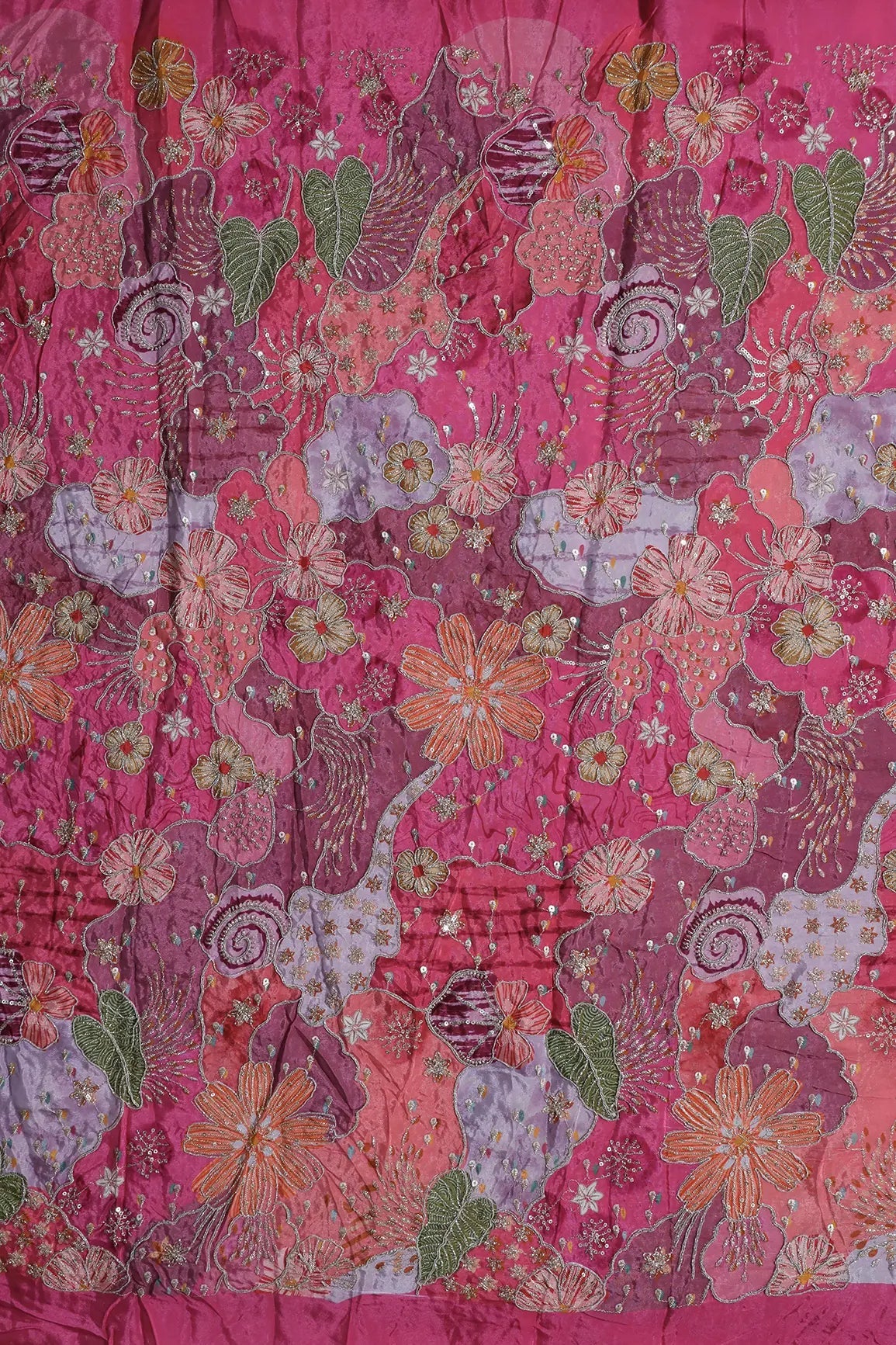 Zari with Sequins Floral Positional Print On Pink Pure Crepe Fabric - doeraa