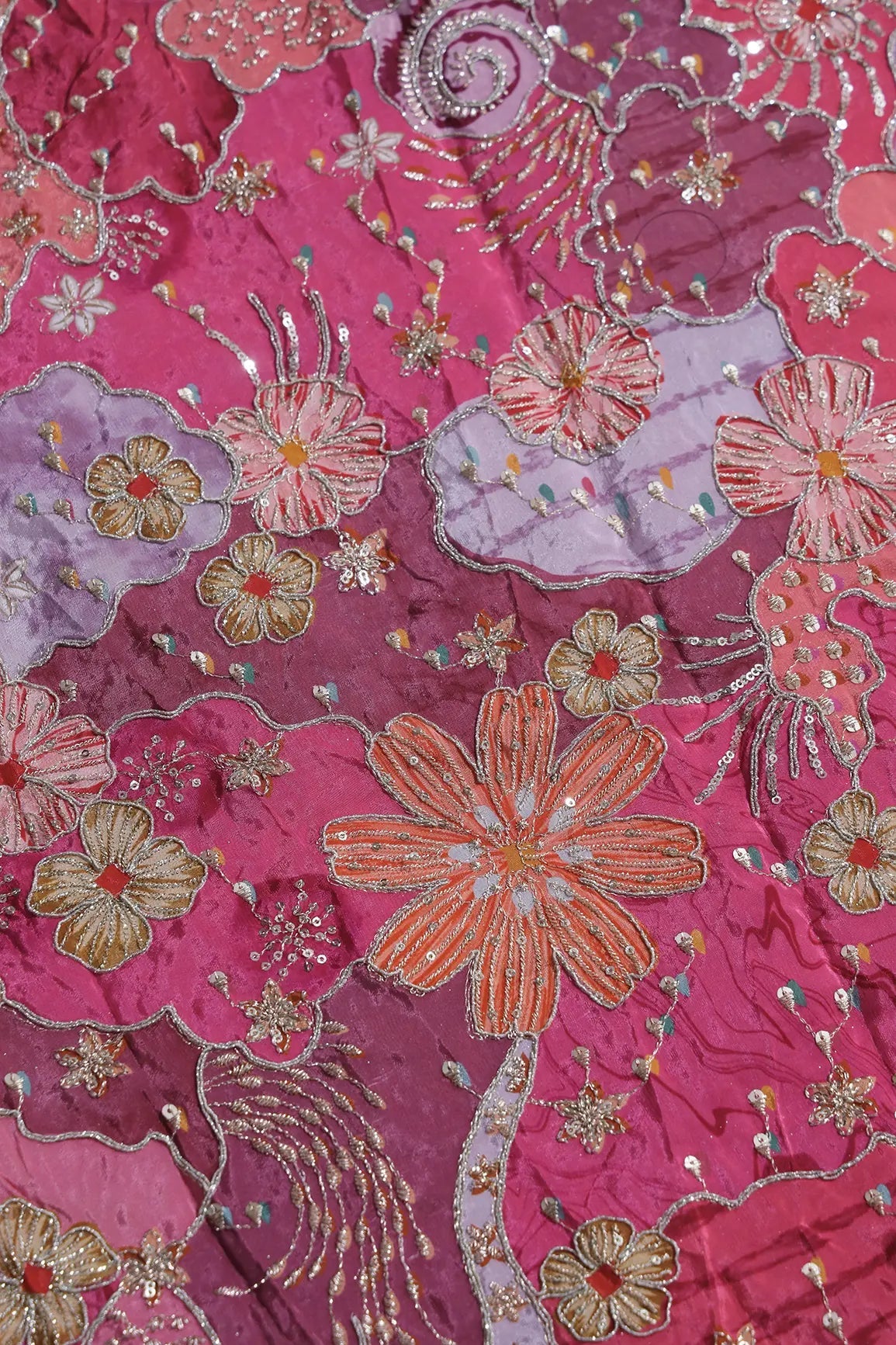 Zari with Sequins Floral Positional Print On Pink Pure Crepe Fabric - doeraa