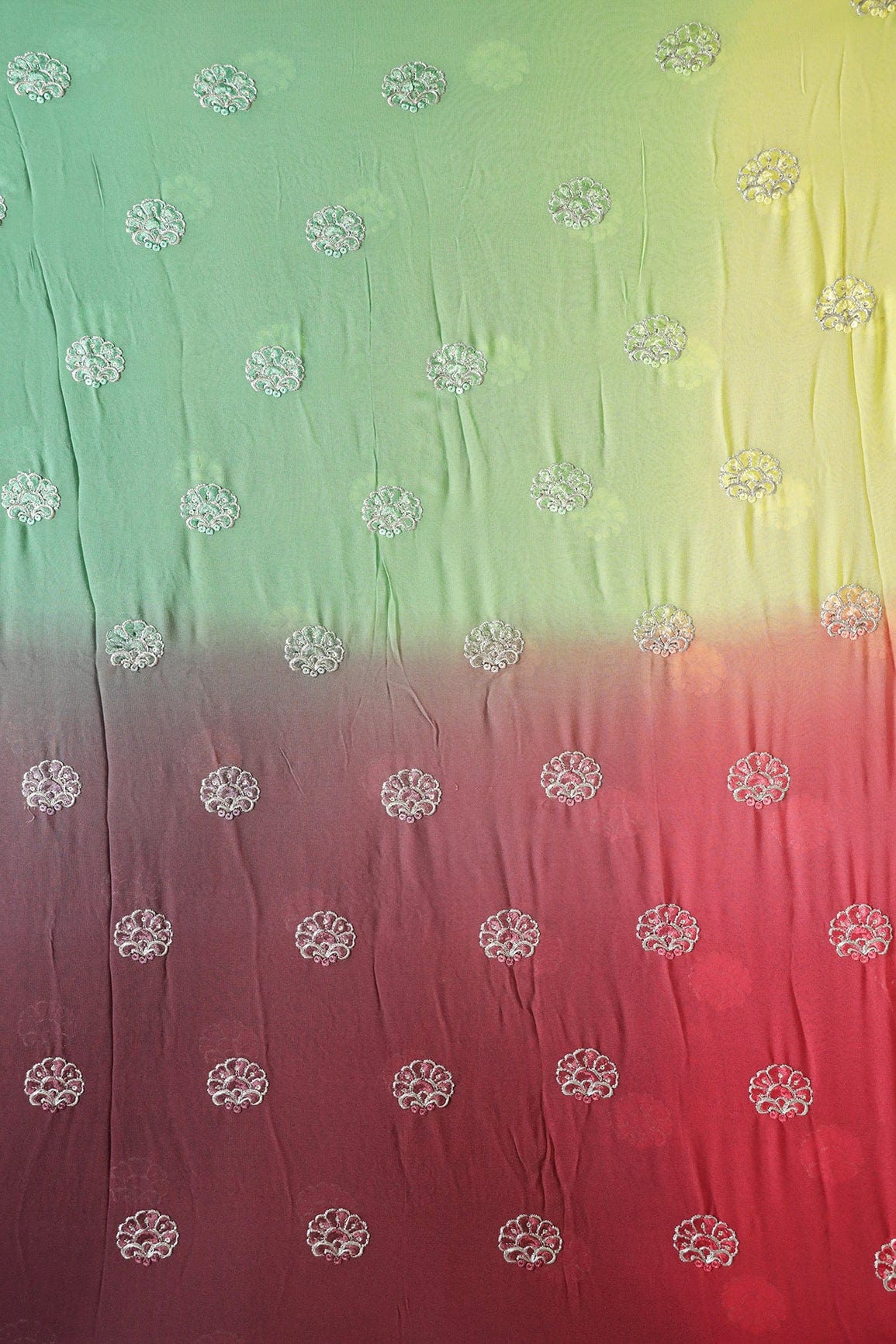 4 Meter Cut Piece Of Silver Zari With Thread Floral Butta Embroidery On Multi Color Viscose Georgette Fabric - doeraa