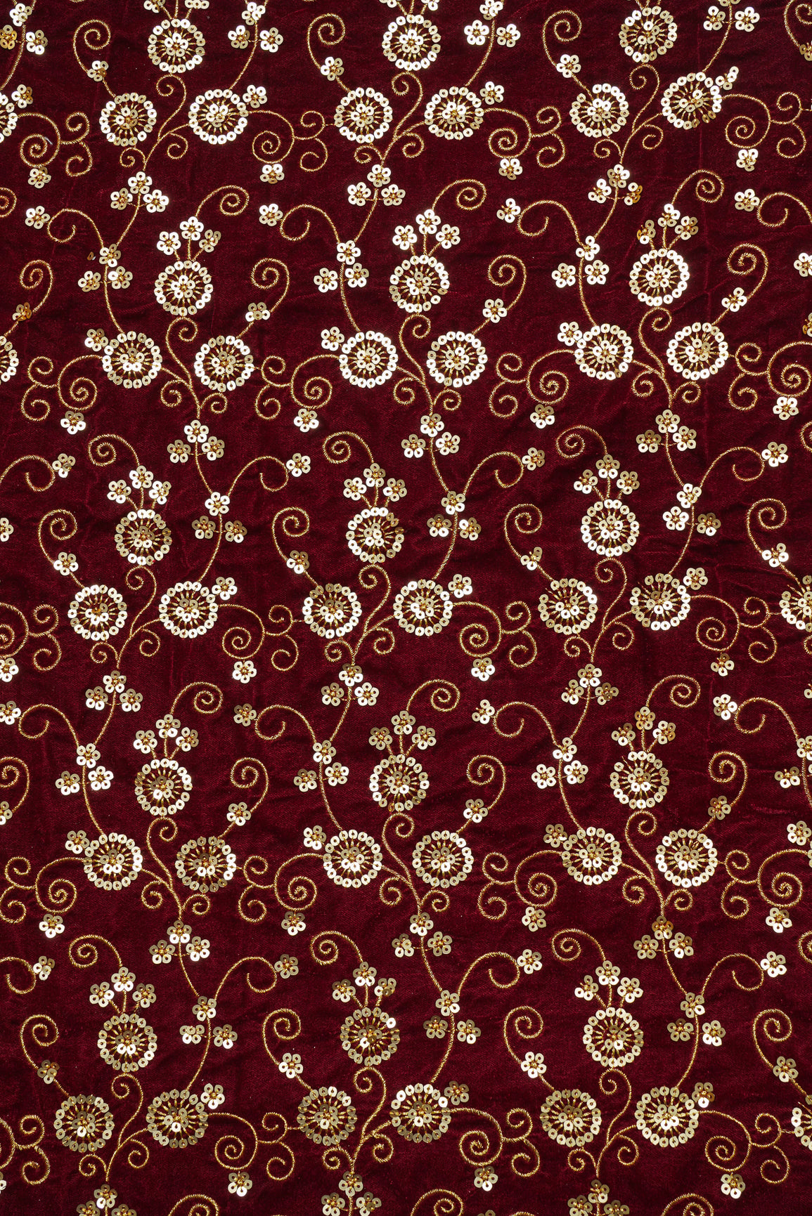 Gold Sequins With Gold Thread Embroidery On Maroon Velvet