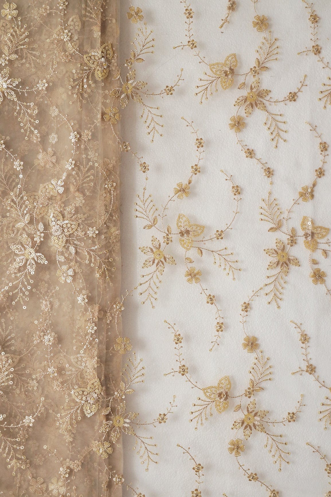 Beautiful Beige Thread With Sequins Floral Embroidery Work On Light Beige Soft Net Fabric - doeraa