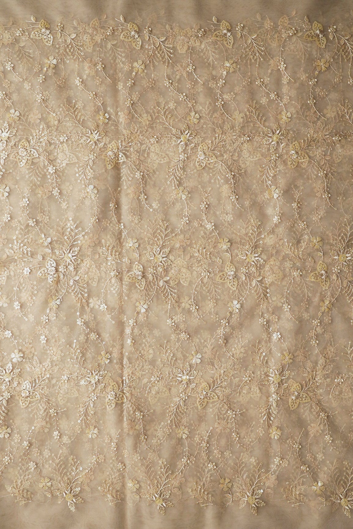 Beautiful Beige Thread With Sequins Floral Embroidery Work On Light Beige Soft Net Fabric - doeraa