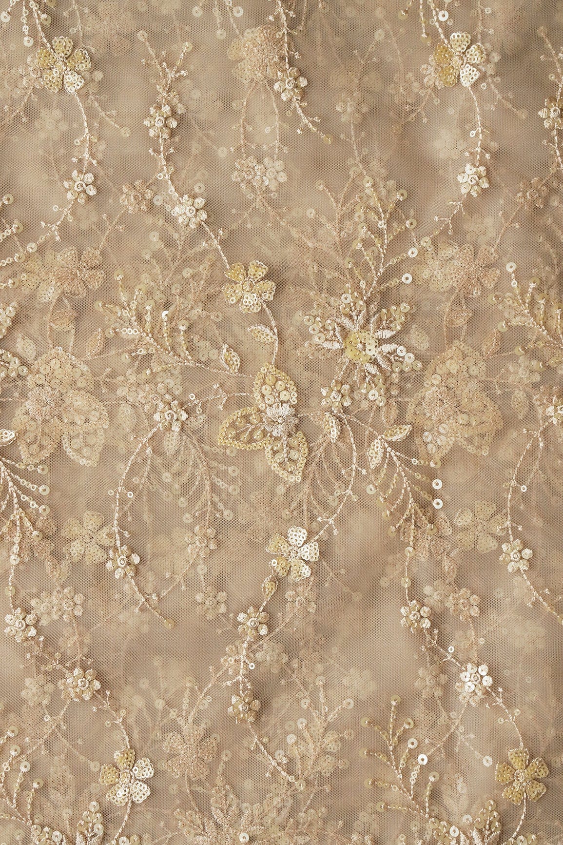 Beautiful Beige Thread With Sequins Floral Embroidery Work On Light Beige Soft Net Fabric - doeraa
