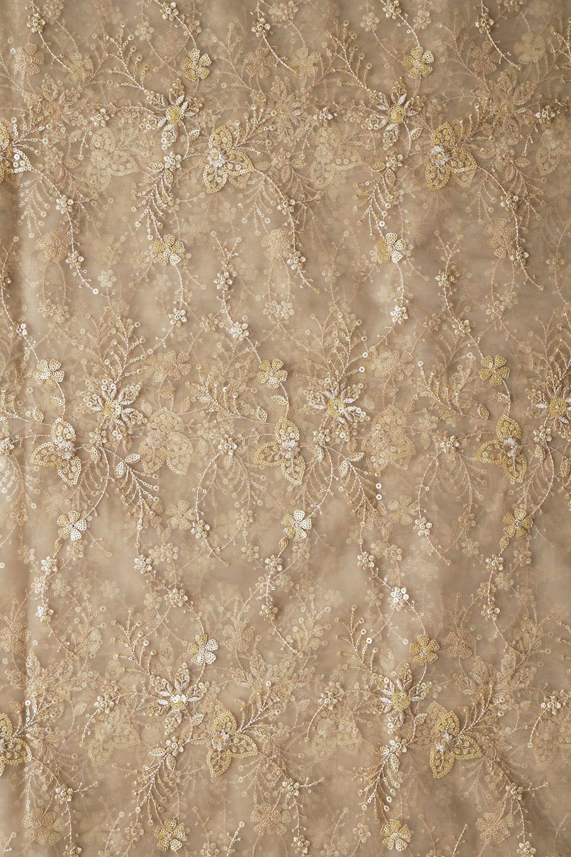 Beautiful Beige Thread With Sequins Floral Embroidery Work On Light Beige Soft Net Fabric - doeraa
