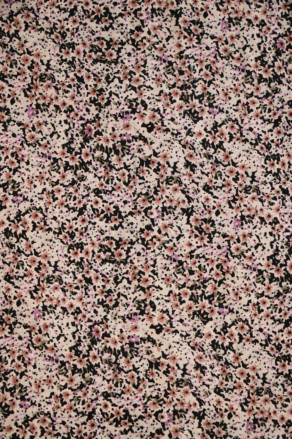 Big Width "56" Black And Brown Small Floral Digital Print On Crepe Satin Fabric - doeraa