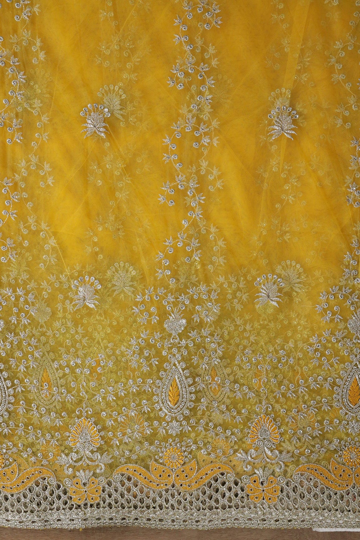 Big Width''56'' Yellow Thread With Zari Leafy Embroidery Work On Yellow Soft Net Fabric With Border - doeraa