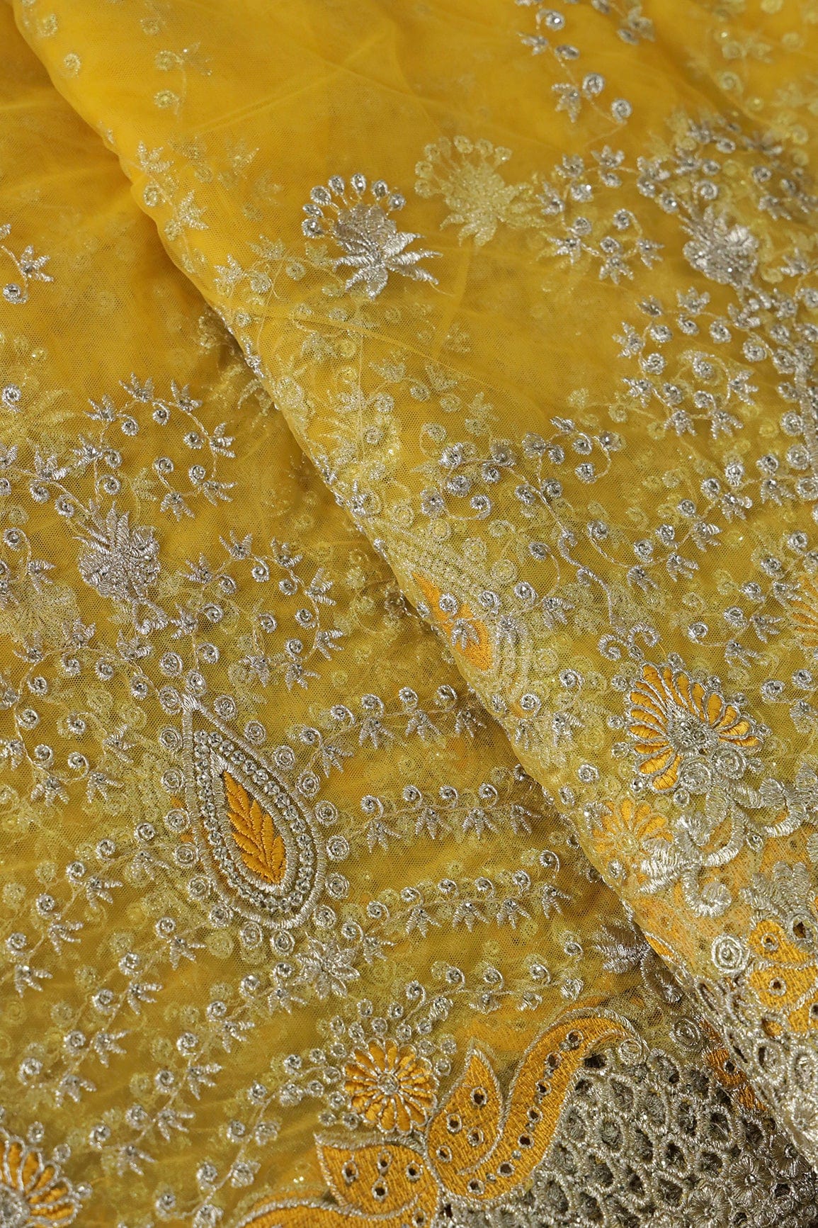 Big Width''56'' Yellow Thread With Zari Leafy Embroidery Work On Yellow Soft Net Fabric With Border - doeraa