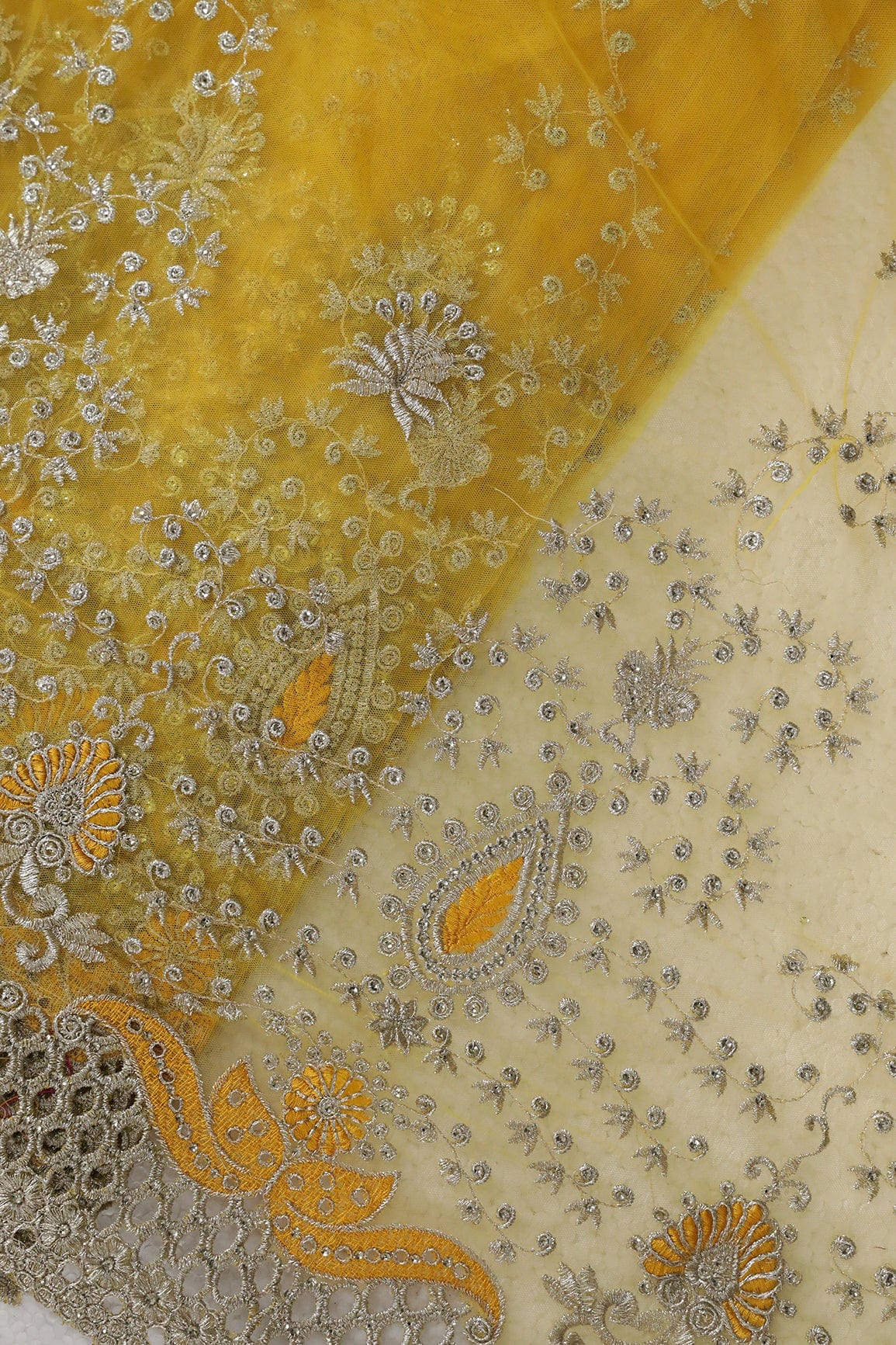 Big Width''56'' Yellow Thread With Zari Leafy Embroidery Work On Yellow Soft Net Fabric With Border - doeraa