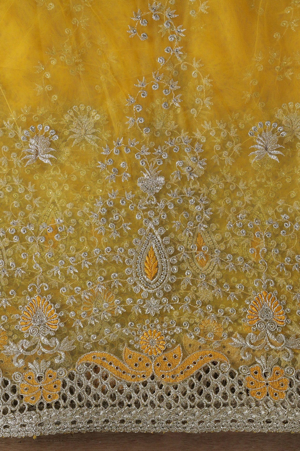 Big Width''56'' Yellow Thread With Zari Leafy Embroidery Work On Yellow Soft Net Fabric With Border - doeraa