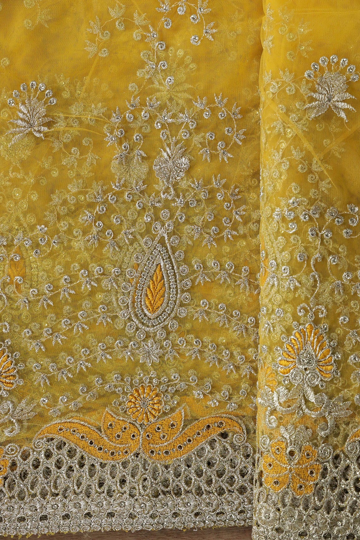Big Width''56'' Yellow Thread With Zari Leafy Embroidery Work On Yellow Soft Net Fabric With Border - doeraa