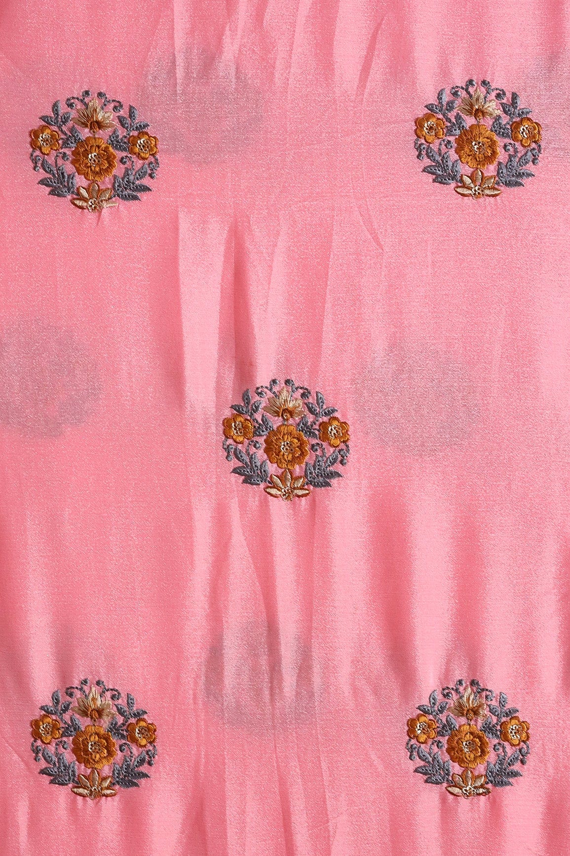 Brown And Grey Thread With Gold Sequins Floral Embroidery Work On Pink Chinnon Chiffon Fabric - doeraa