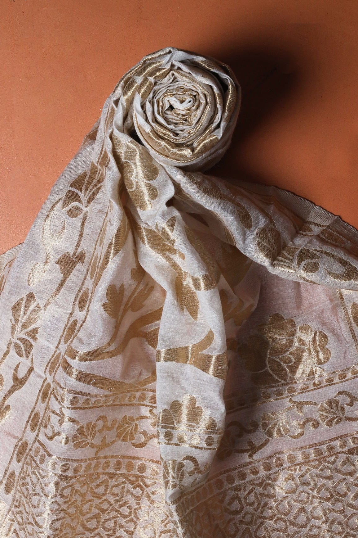 doeraa Dupatta Floral Gold Zari Jacquard White Dyeable Chanderi Dupatta With Border