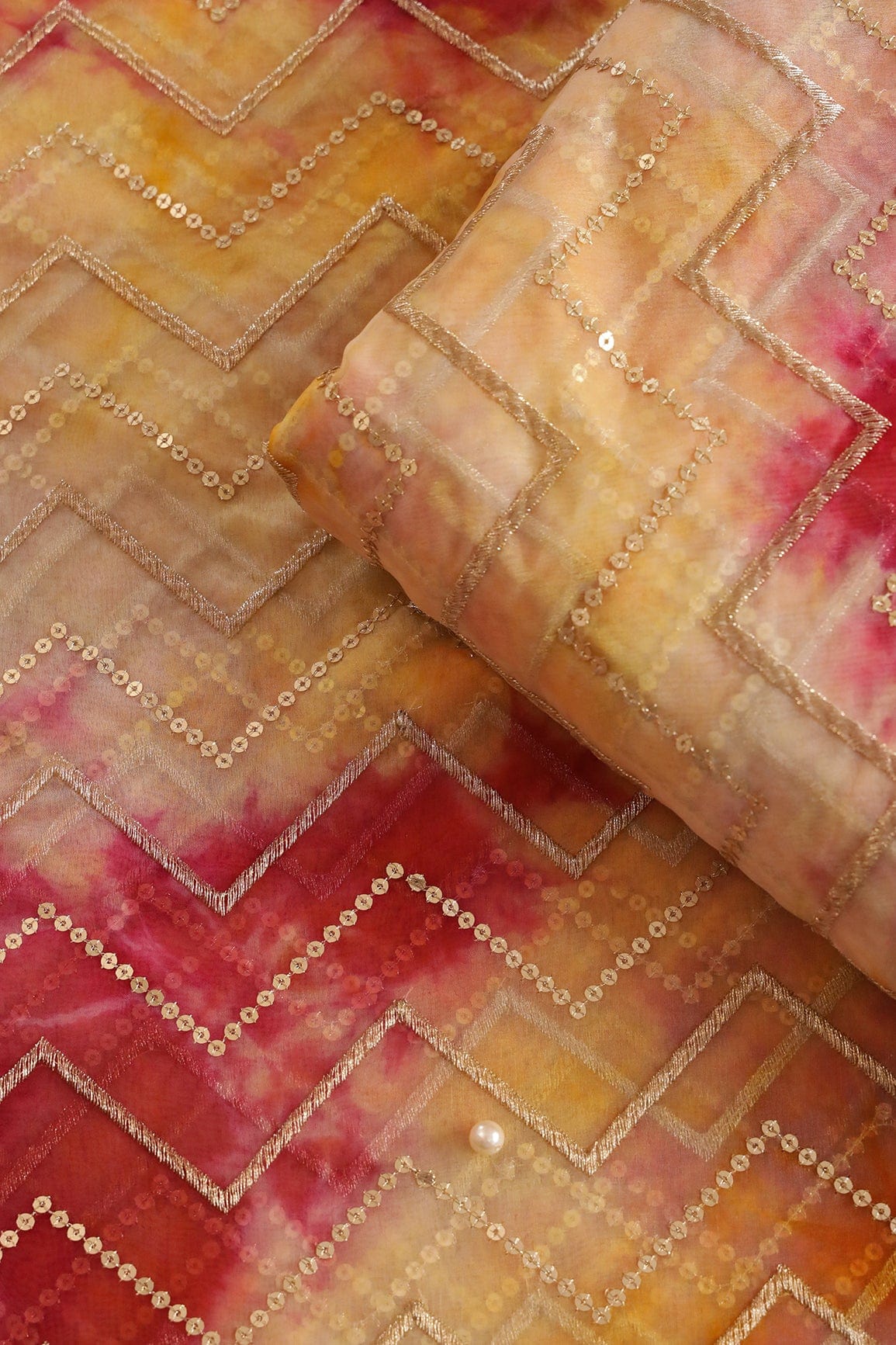 doeraa Embroidery Fabrics 1.25 Meter Cut Piece Of Gold Zari With Gold Sequins Chevron Embroidery Work On Tie & Dye Dark Pink And Yellow Organza Fabric