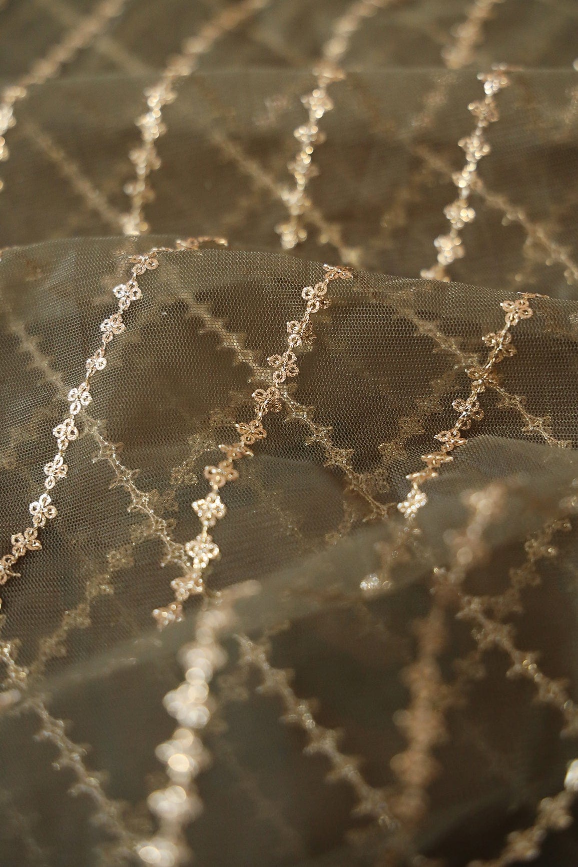doeraa Embroidery Fabrics 1.50 Meter Cut Piece Of Gold Sequins With Gold Zari Stripes Embroidery On Dark Olive Soft Net Fabric