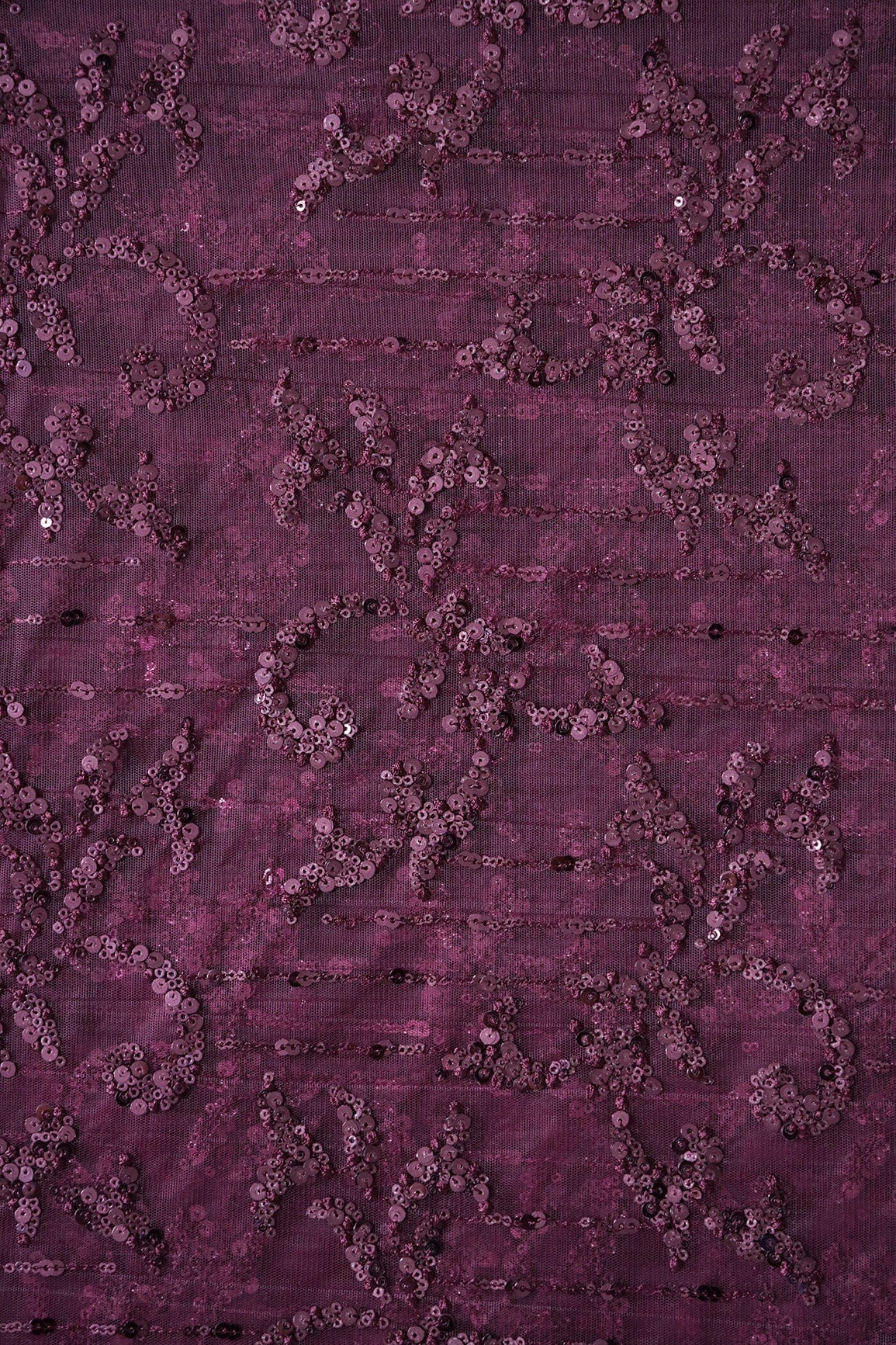 doeraa Embroidery Fabrics 2.50 Meter Cut Piece Of Wine Thread With Sequins Abstract Embroidery Work On Wine Soft Net Fabric