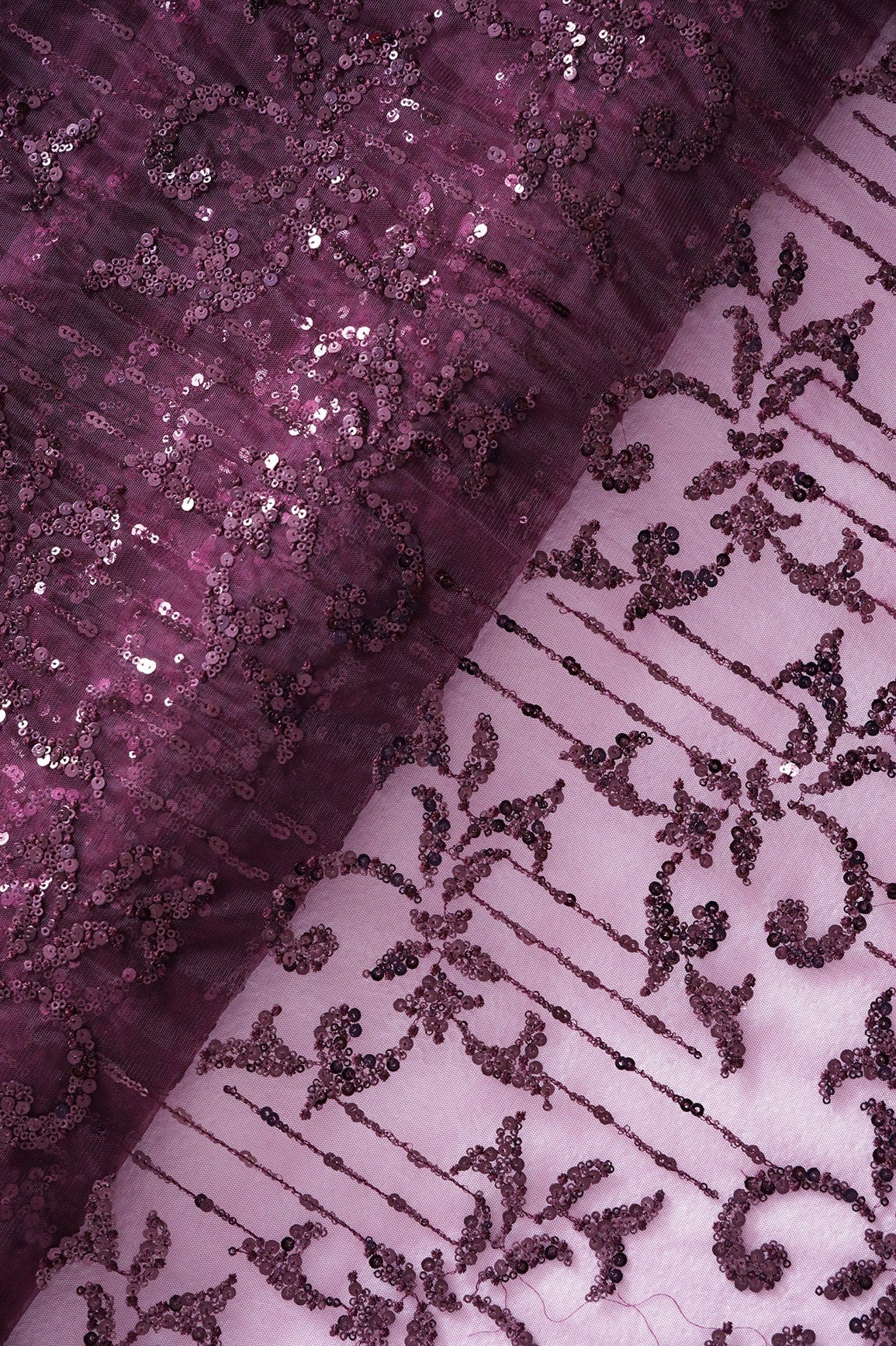 doeraa Embroidery Fabrics 2.50 Meter Cut Piece Of Wine Thread With Sequins Abstract Embroidery Work On Wine Soft Net Fabric