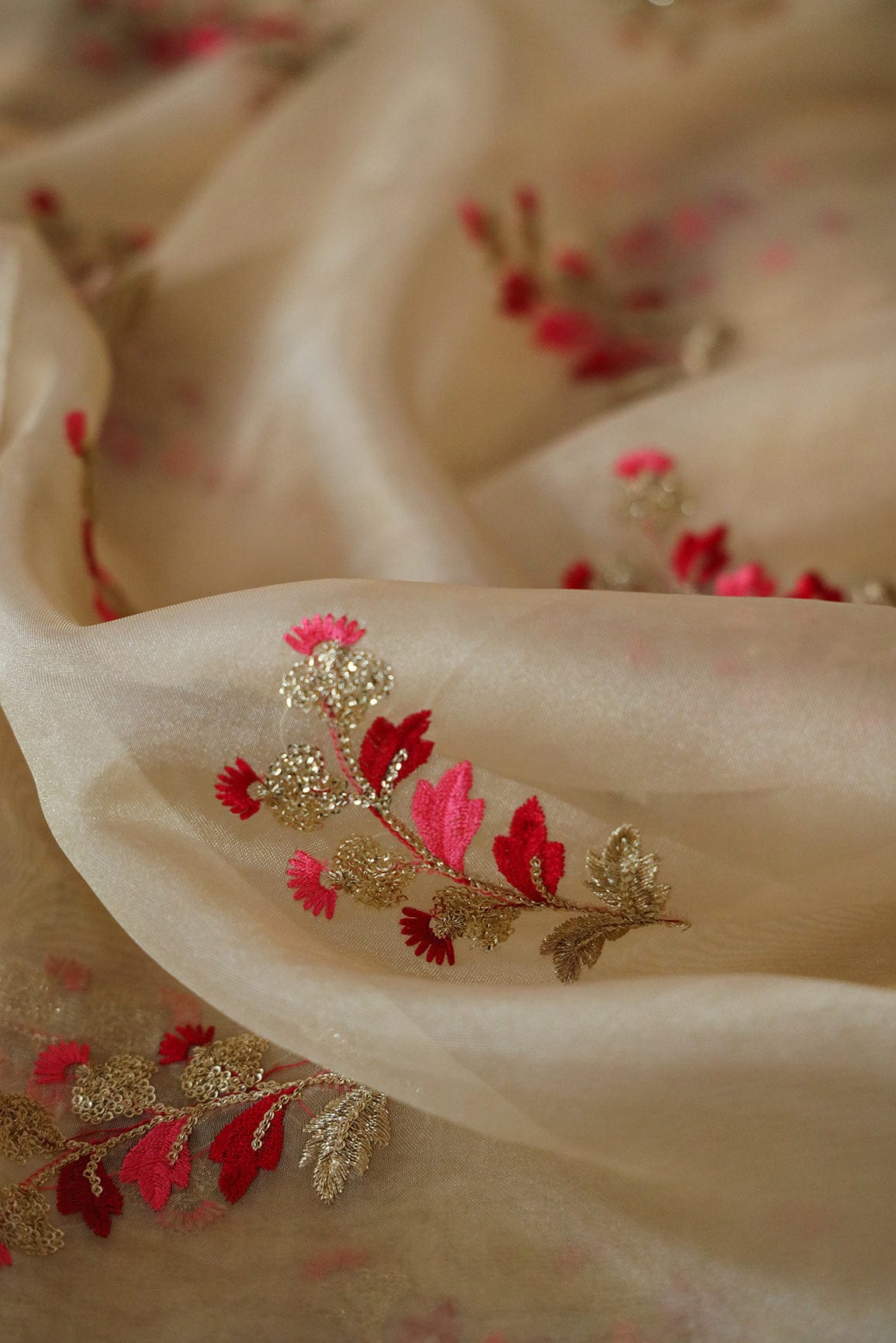 doeraa Embroidery Fabrics 3 Meter Cut Piece Of Beautiful Multi Color Leafy Embroidery Work On Beige Tissue Fabric