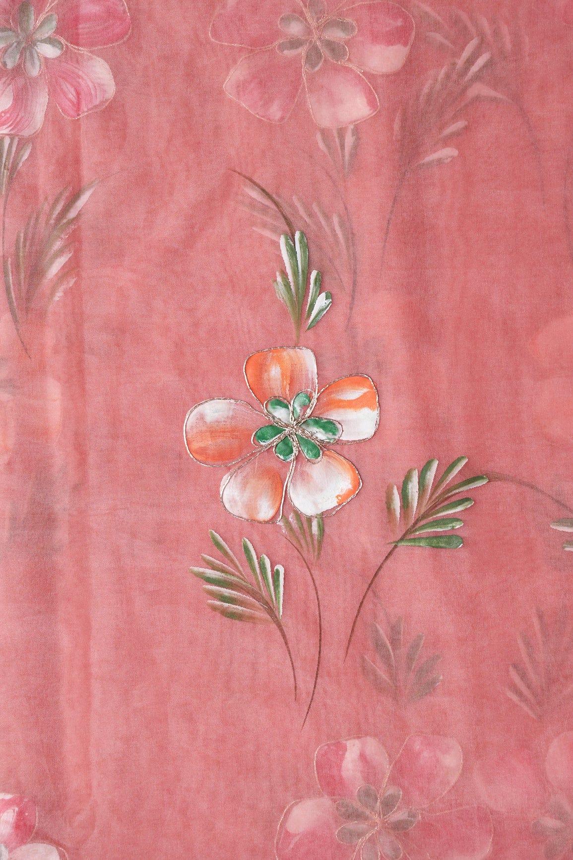 doeraa Embroidery Fabrics Beautiful Floral Hand Painted With Embroidery Work On Coral Pink Organza Fabric