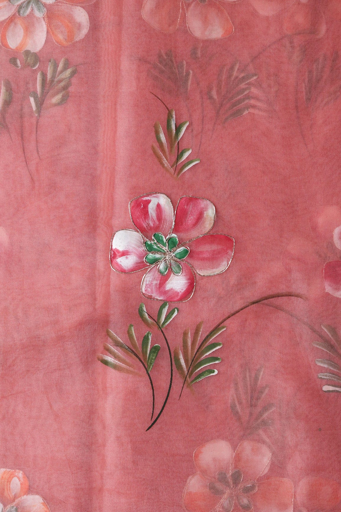 doeraa Embroidery Fabrics Beautiful Floral Hand Painted With Embroidery Work On Coral Pink Organza Fabric