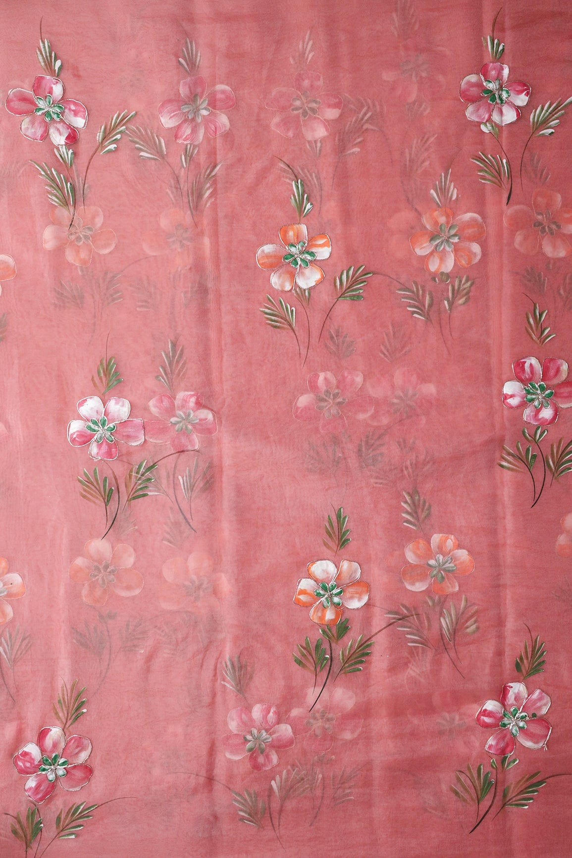 doeraa Embroidery Fabrics Beautiful Floral Hand Painted With Embroidery Work On Coral Pink Organza Fabric