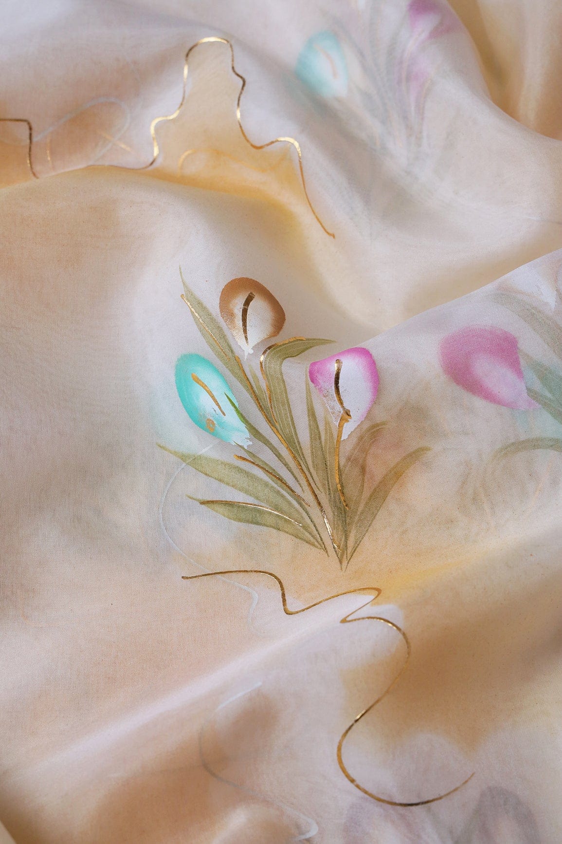 doeraa Embroidery Fabrics Beautiful Floral Hand Painted With Foil Work On Cream Organza Fabric