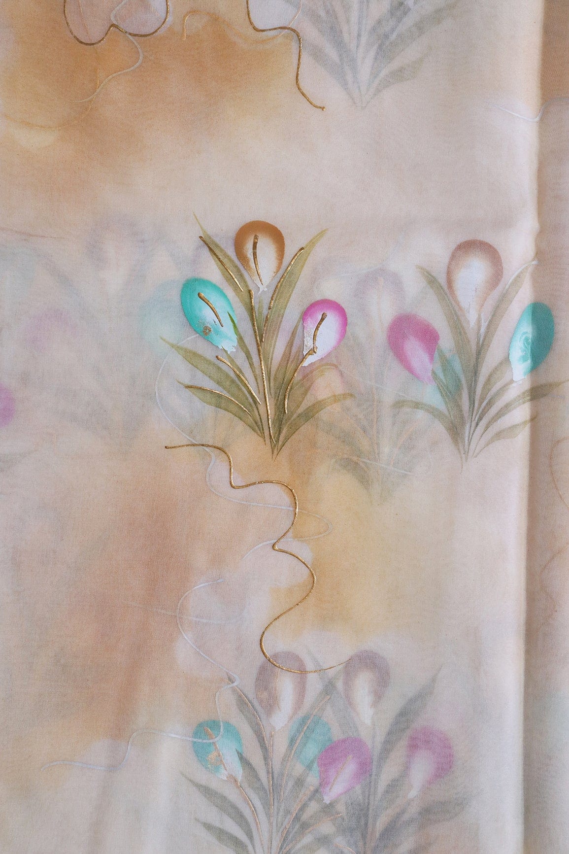 doeraa Embroidery Fabrics Beautiful Floral Hand Painted With Foil Work On Cream Organza Fabric