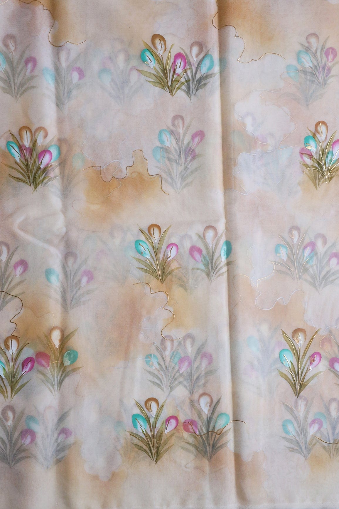 doeraa Embroidery Fabrics Beautiful Floral Hand Painted With Foil Work On Cream Organza Fabric