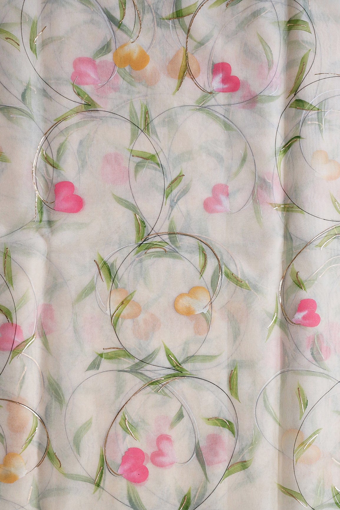 doeraa Embroidery Fabrics Beautiful Floral Hand Painted With Foil Work On Cream Organza Fabric