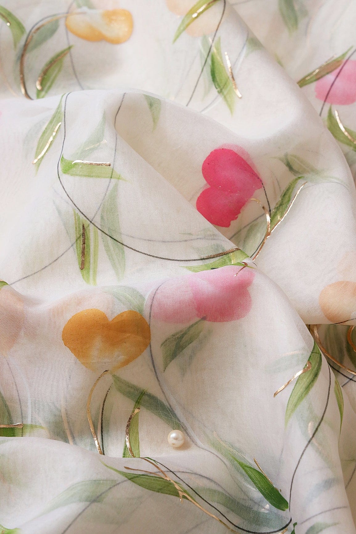 doeraa Embroidery Fabrics Beautiful Floral Hand Painted With Foil Work On Cream Organza Fabric