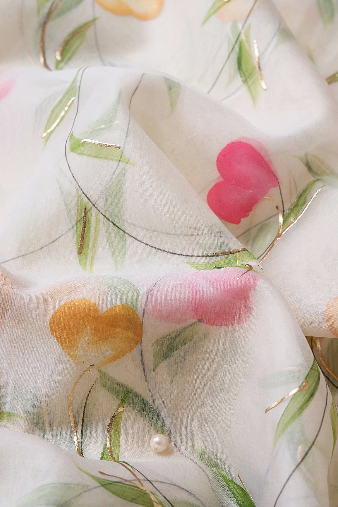 doeraa Embroidery Fabrics Beautiful Floral Hand Painted With Foil Work On Cream Organza Fabric