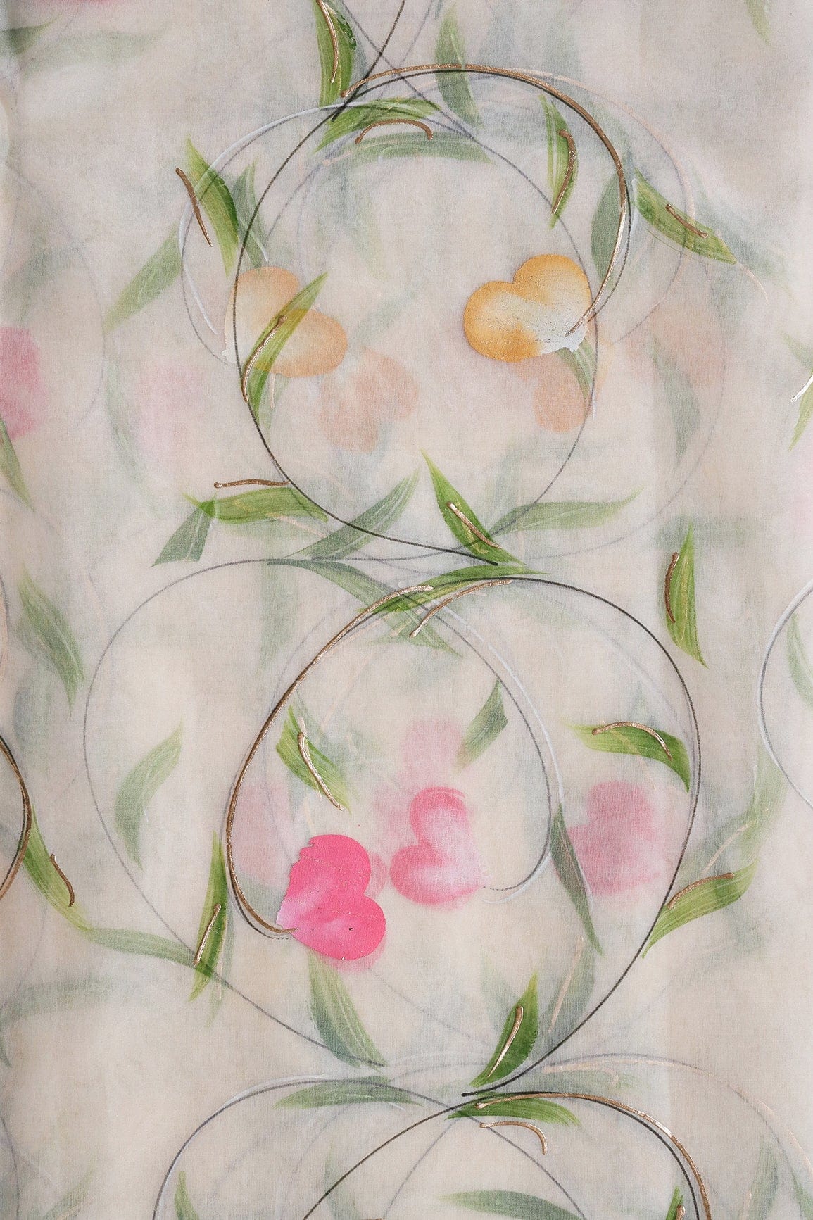doeraa Embroidery Fabrics Beautiful Floral Hand Painted With Foil Work On Cream Organza Fabric