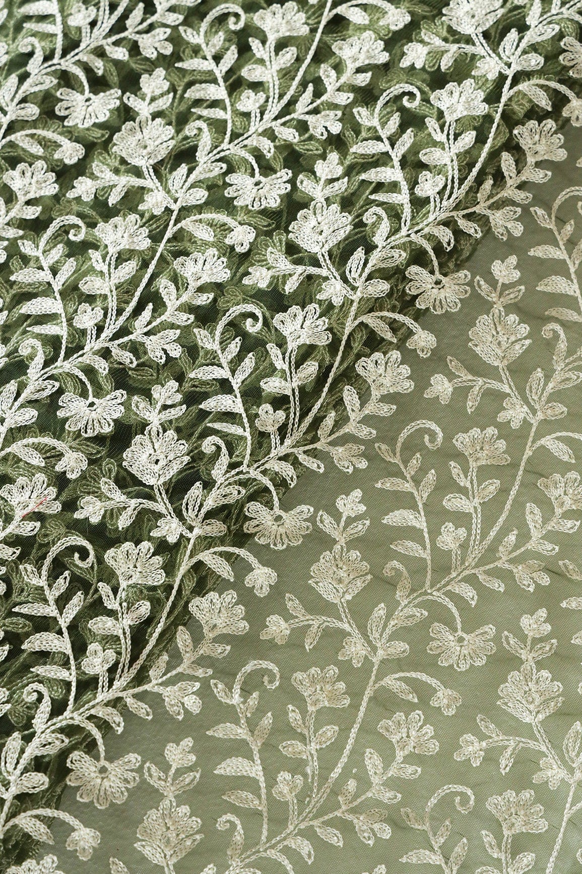 doeraa Embroidery Fabrics Beautiful White Thread Floral Embroidery On Dark Olive Soft Net Fabric