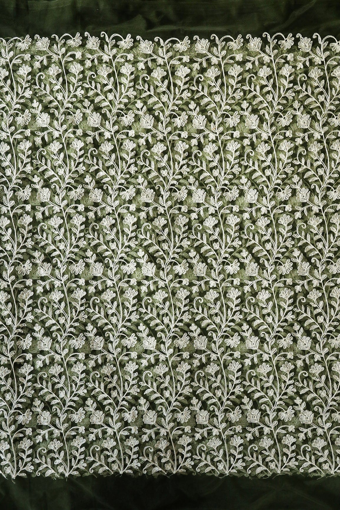 doeraa Embroidery Fabrics Beautiful White Thread Floral Embroidery On Dark Olive Soft Net Fabric