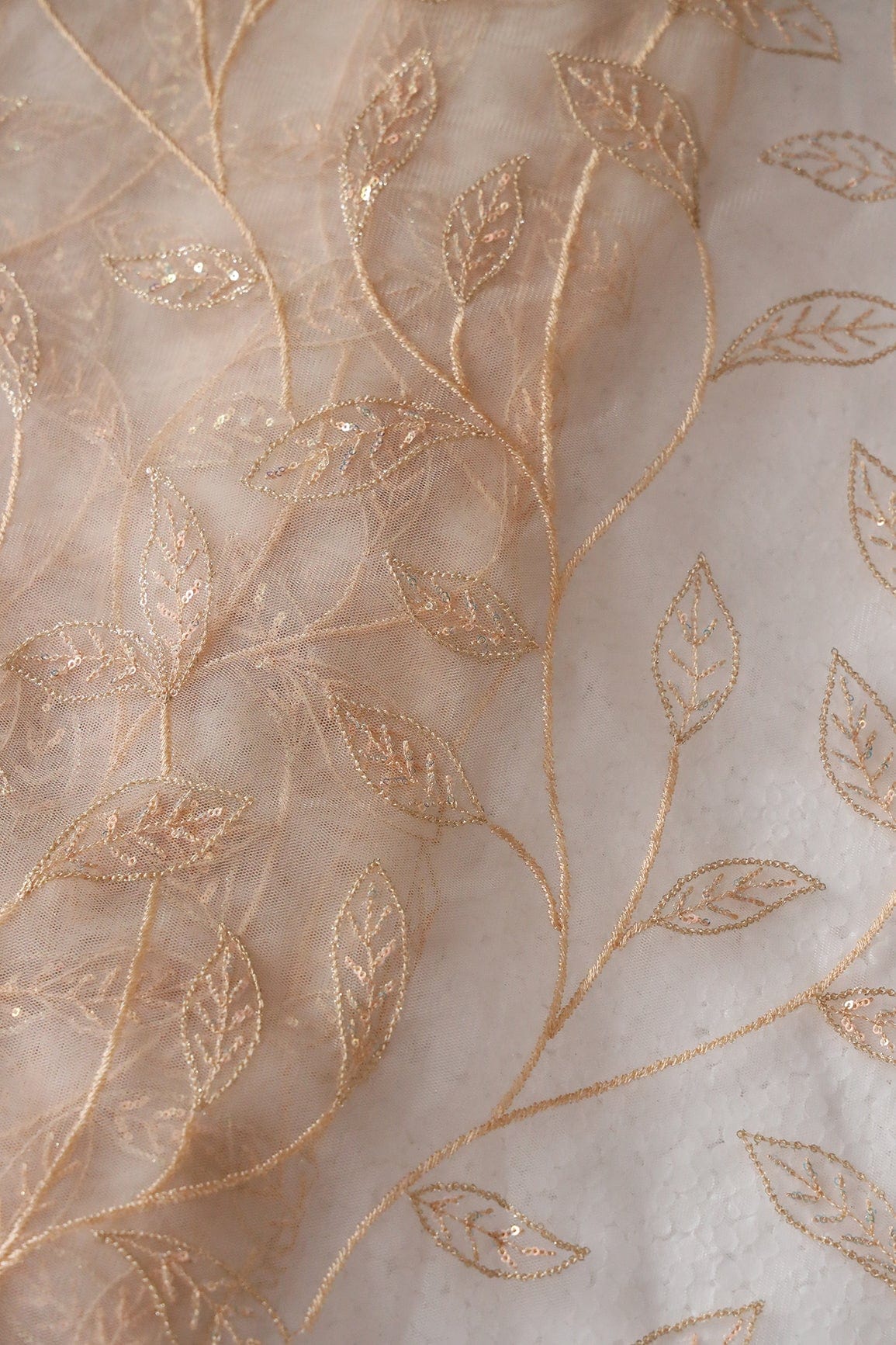 doeraa Embroidery Fabrics Beige Thread With Sequins Beautiful Leafy Embroidery On Cream Soft Net Fabric