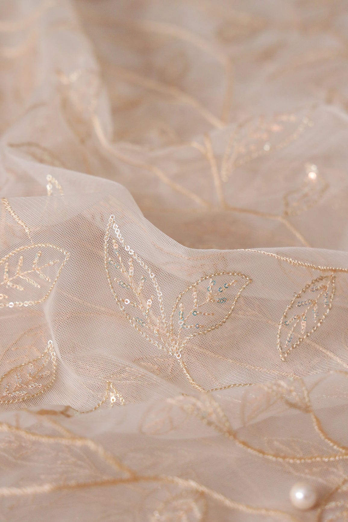 doeraa Embroidery Fabrics Beige Thread With Sequins Beautiful Leafy Embroidery On Cream Soft Net Fabric